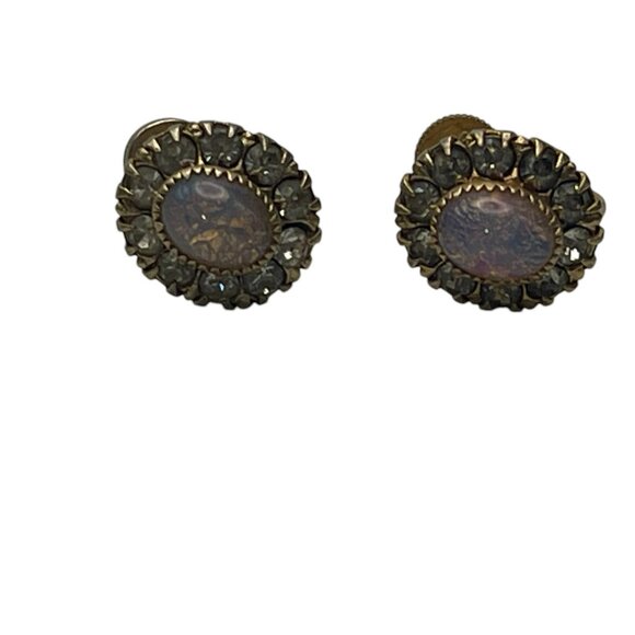 Vintage Faux Opal and Clear Rhinestone Dainty Screw Back Earrings - Picture 4 of 11